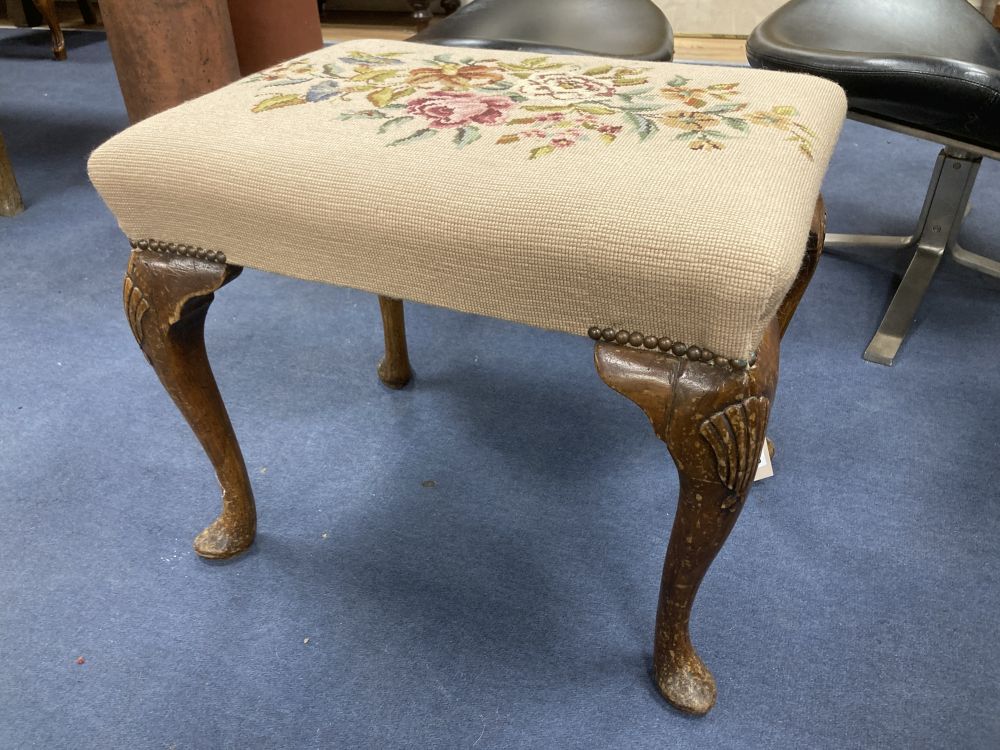A Queen Anne revival walnut dressing stool, width 57cm depth 43cm height 46cm